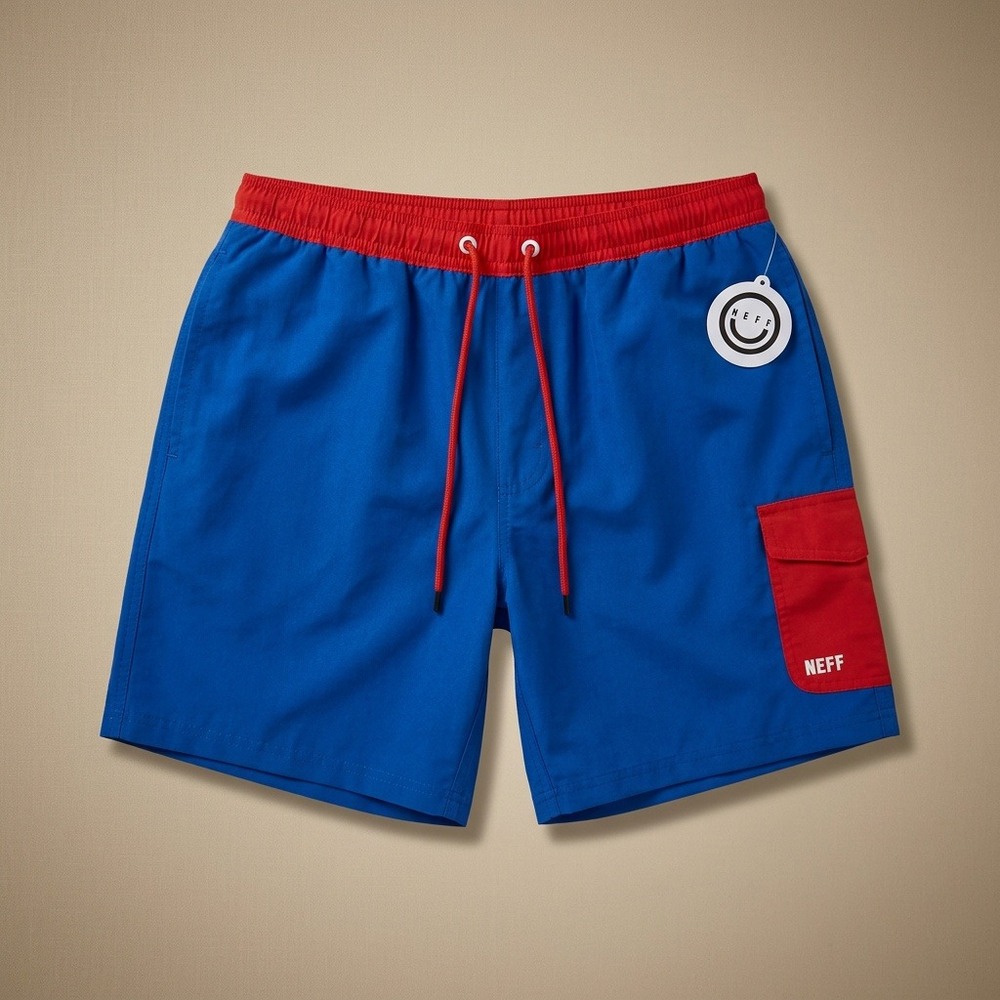 NEFF Men's Medium Swim Trunks Boardshorts Blue Red Colorblock Cargo Pockets NWT